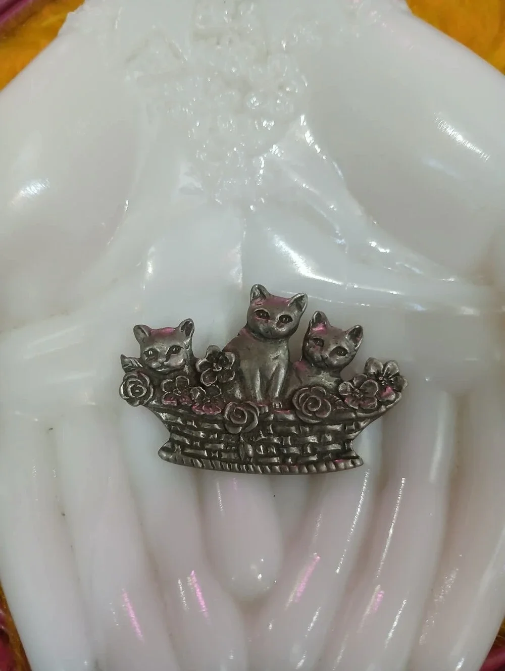 Vintage sterling Three Cats in a Basket Brooch